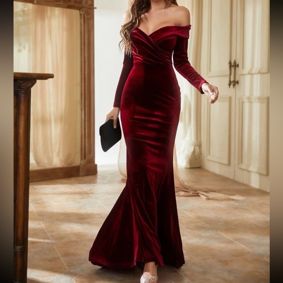 Luxe Velvet Off Shoulder Prom Formal Party Evening Wedding Dress Navy Blue - Picture 10 of 11